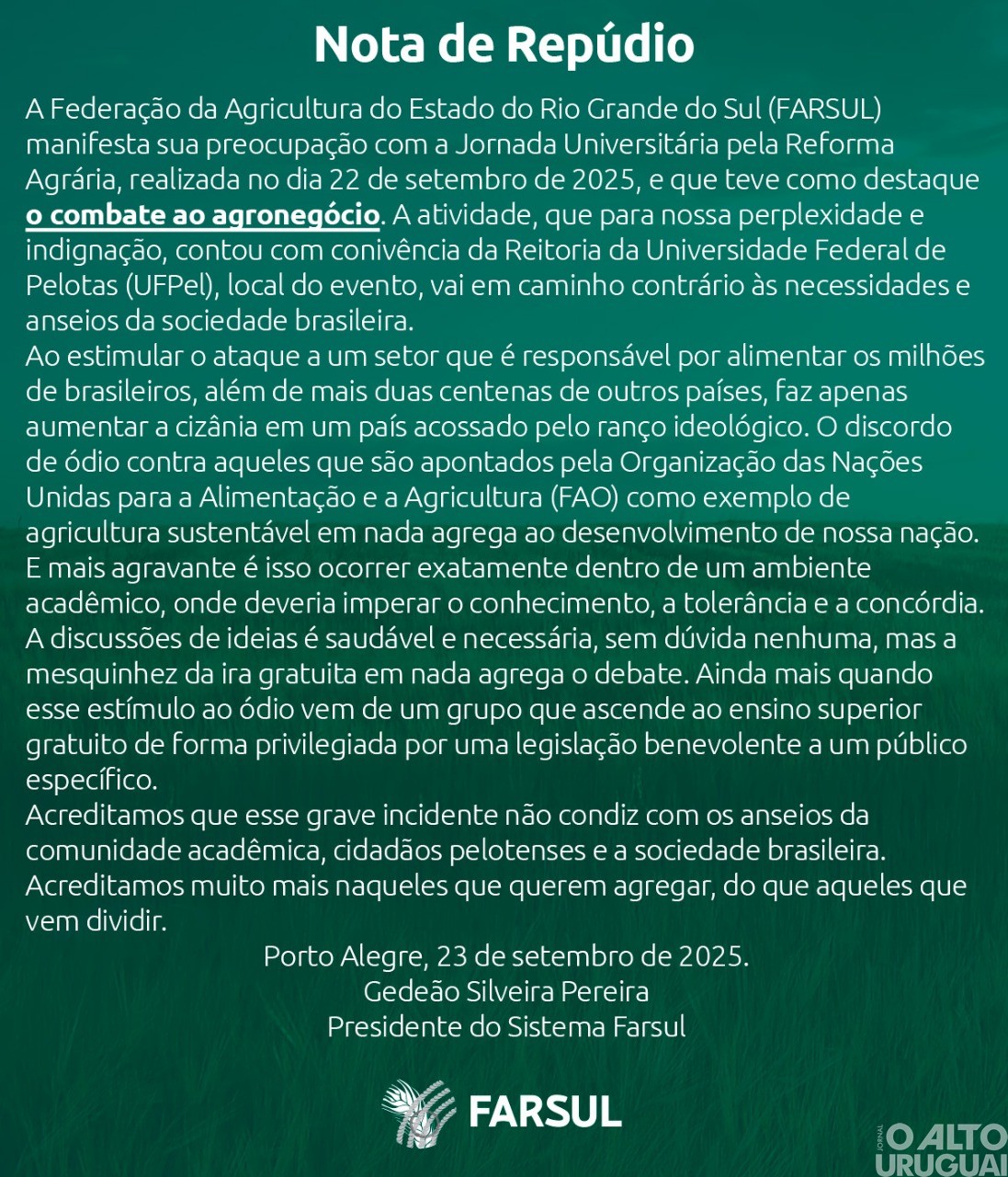 Farsul divulga nota de repúdio a evento em Pelotas