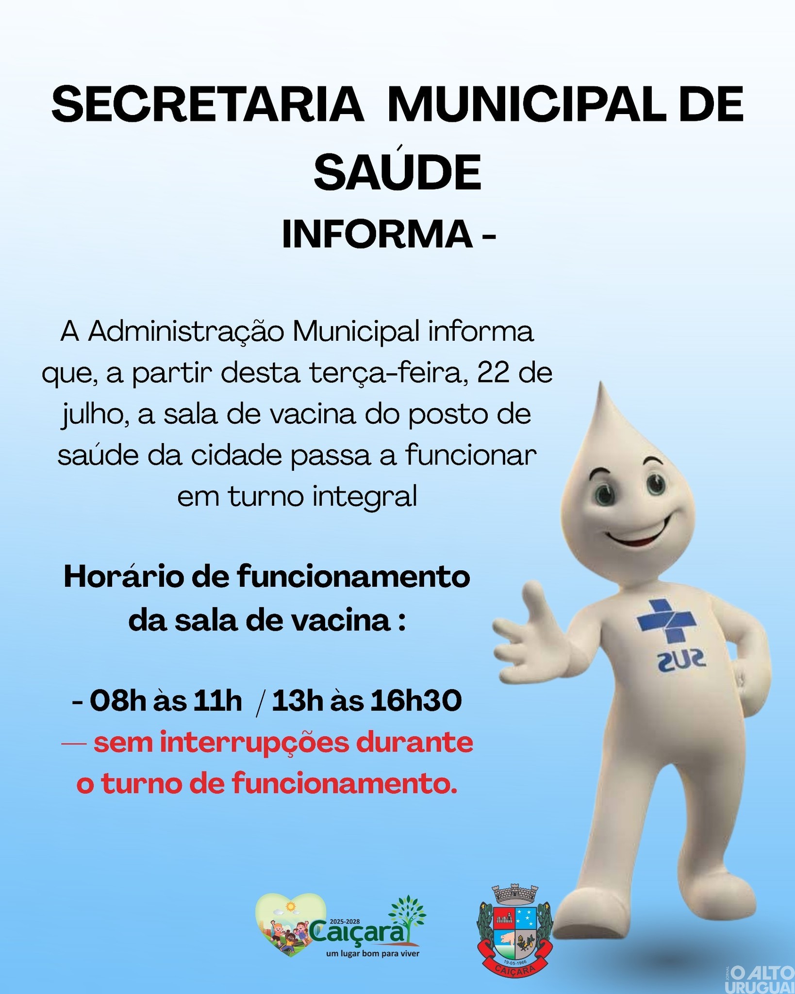 Sala de vacina em Caiçara passa a funcionar em turno integral