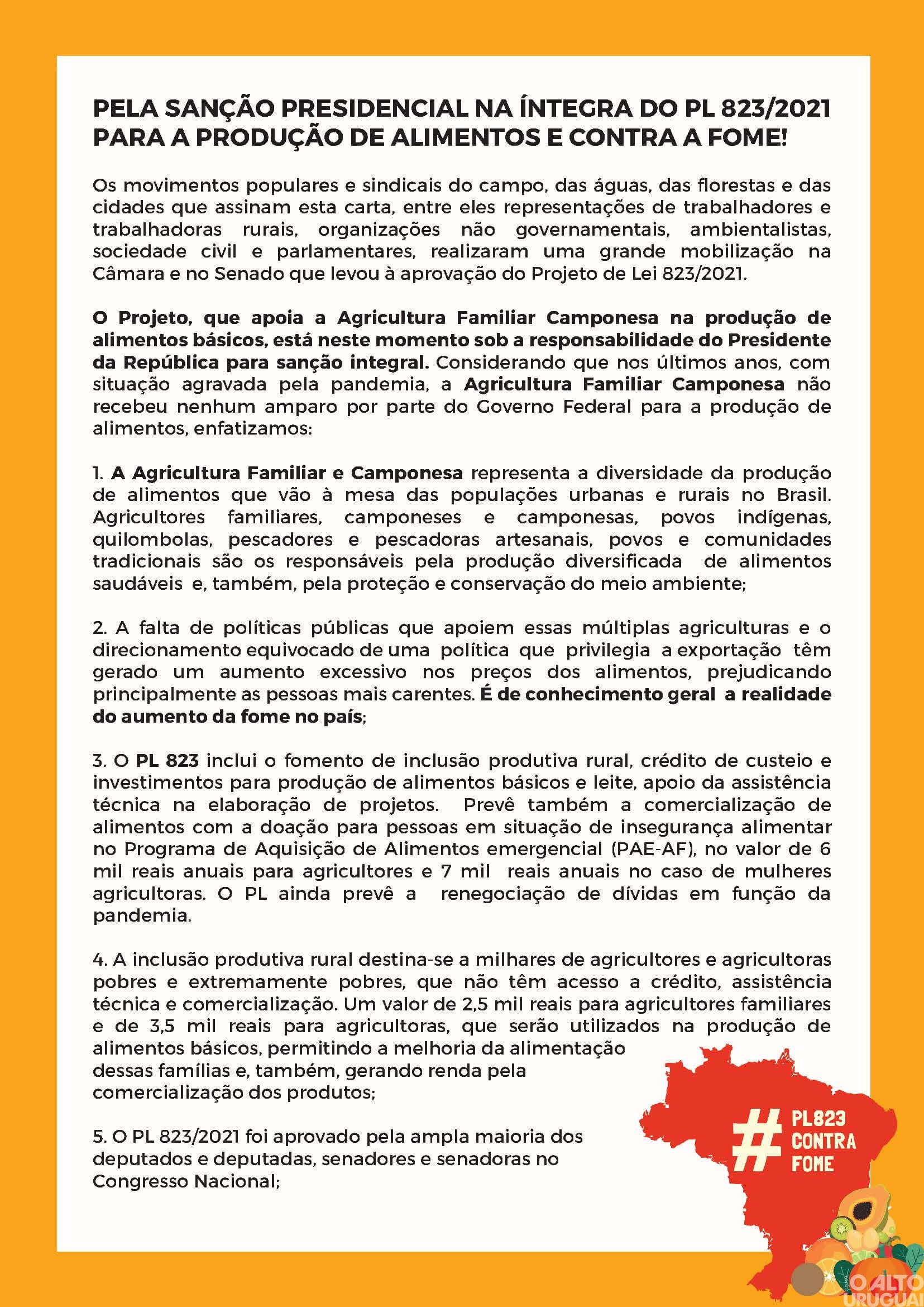 Movimentos cobram sanção na íntegra de Projeto de Lei de apoio à agricultura familiar camponesa