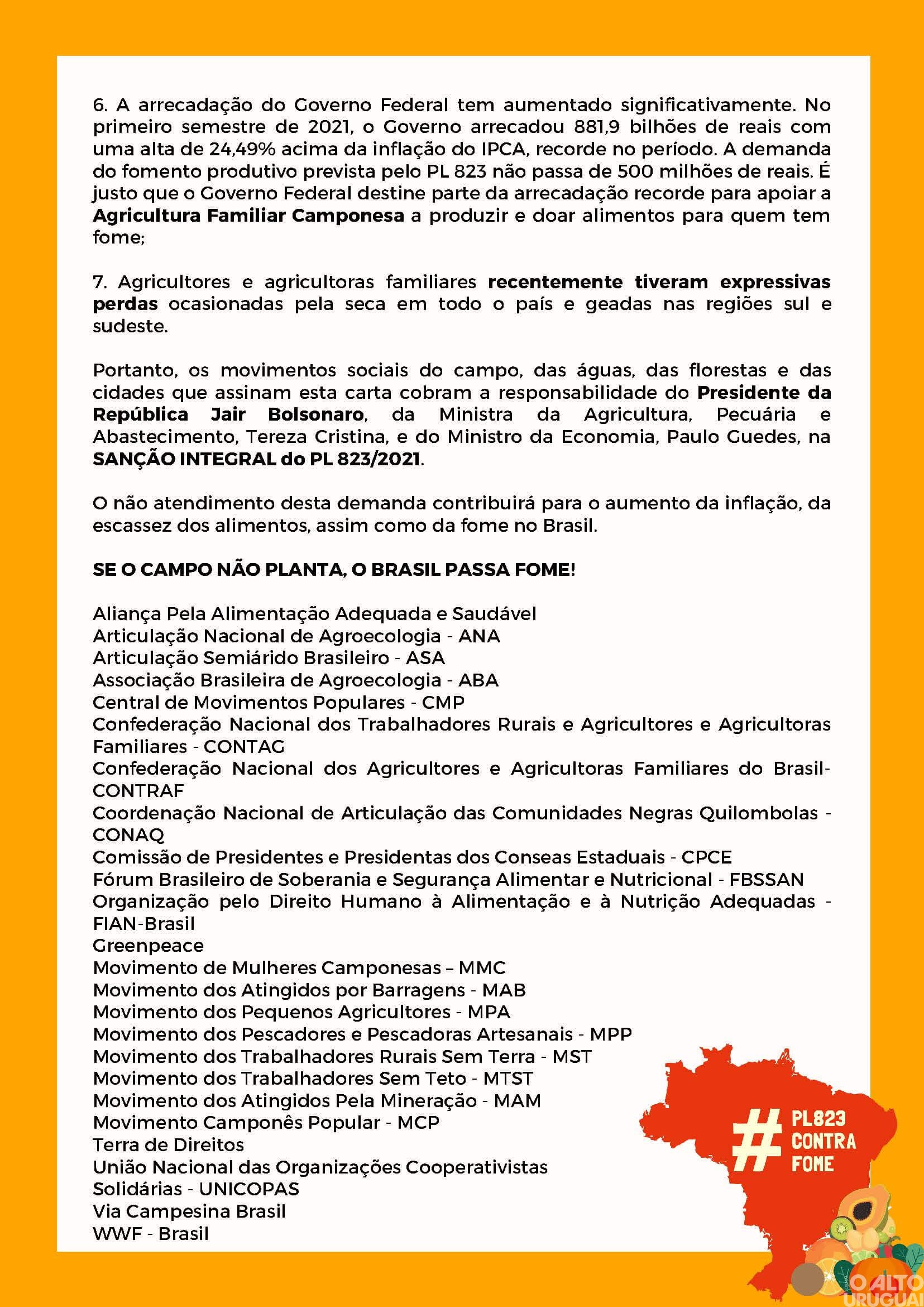 Movimentos cobram sanção na íntegra de Projeto de Lei de apoio à agricultura familiar camponesa