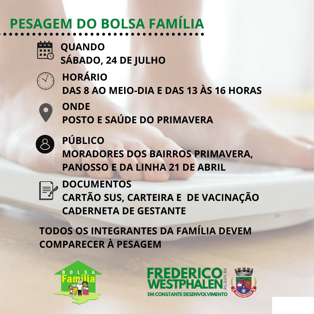 FW: beneficiados pelo Bolsa Família devem realizar pesagem neste sábado